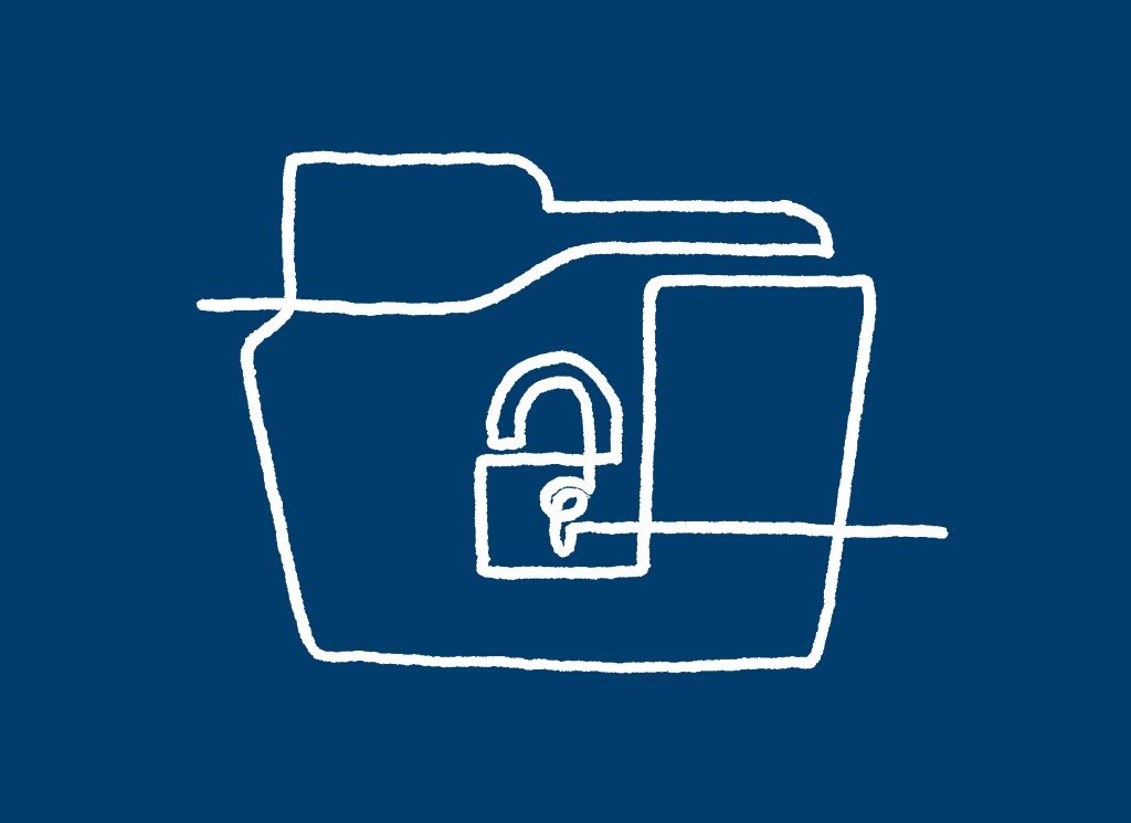 Dunkelblauer Hintergrund mit gezeichnetem Ordner als Symbol für das revidierte Datenschutzgesetz. 